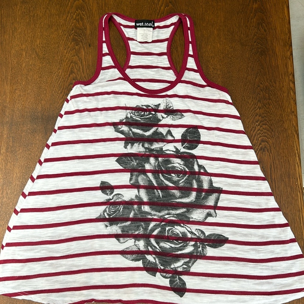 Wet Seal White and Red Striped Racerback Tank with Black Rose Print